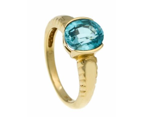 Zirkon-Ring GG 585/000 mit einem oval fac. blauen Zirkon 10,2 x 8,5 mm in guter Farbe und Brillanz, RG 59, 5,6 gZirconia ring