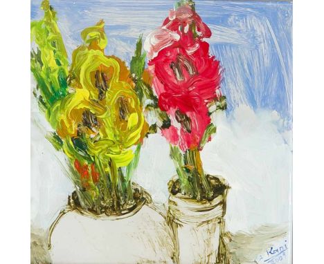 Kani Alavi (*1955), persischer Maler, lebt seit 1980 in Berlin, Meisterschüler bei Klaus Fußmann, Blumenstück, Öl auf Keramik