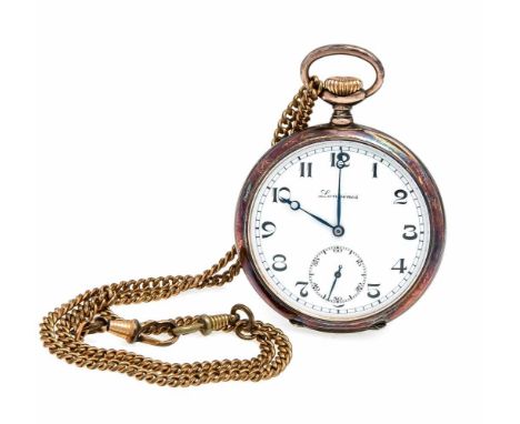Longines Herren Taschenuhr offen, Silber 800, 2 Deckel, teilvergoldet, weißes Emaille Zifferblatt mit arab. Ziffern und geblä