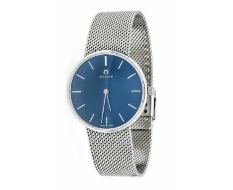 MILUS Herrenuhr Handaufzug Kal. 171, Stahlgehäuse mit Milanaiseband, um 1970, Uhrwerk läuft, blaues Zifferblatt mit weißen In