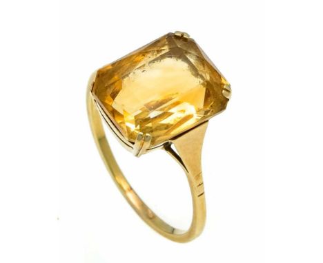 Citrin-Ring GG 585/000 um 1930 mit einem im Scherenschliff fac. Citrin 12,3 x 10,0 mm, RG 55, 2,8 gCitrine ring GG 585/000 ar