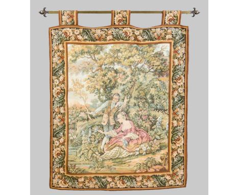 Historismus-Tapisserie, 20. Jh. Galante Szene im Landschaftsgarten. Bordüre mit Blumen und Akanthusranke. Stange zum Hängen m
