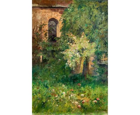 Unidentifizierter Maler des 19. Jh., wilder GArten vor einer Kirchenruine, Öl auf Lwd., u. re. undeutlich sign. ''J. Schuer..