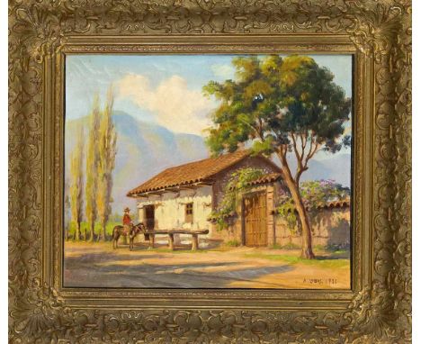 A. Lobos, wohl chilenischer Maler, 1. H. 20. Jh., Gaucho vor einem Landhaus vor Gebirgslandschaft, Öl auf Lwd., u. re. sign. 