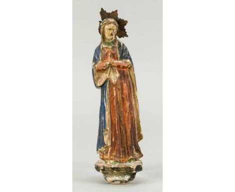 Heiligenfigur (Maria), 19. Jh., Lindenholzschnitzerei, polychrom gefasst. Ber. &amp; best., Strahlenkranz mit Fehlstelle, auf