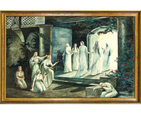 Sign. ''G. Stachel Sonnenbg-Sommer 1955'', Vestalinnen am Tempelportal, wohl Kopie nach älterem Vorbild, Aquarell auf Papier,