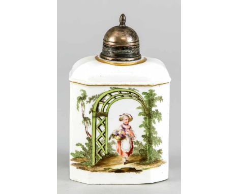 Teedose, wohl Kloster Veilsdorf, Thüringen, 18. Jh., oktogonaler Korpus in rundem Hals übergehend, versilberter Deckel wahrsc