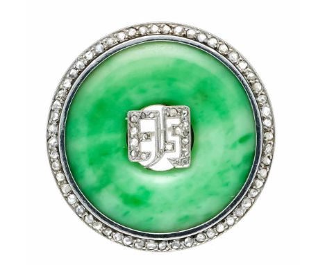 Jade-Diamantrosen-Brosche WG 750/000 ungest., gepr., mit einem feingeschliffenen Jade-Ring B. 8,5 mm, D. 26 mm und Diamantros