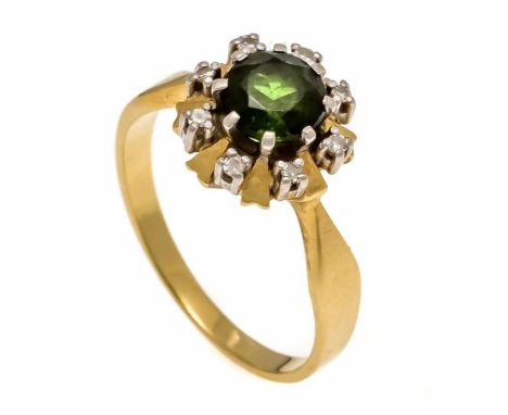 Turmalin-Diamant-Ring GG/WG 750/000 mit einem rund fac. Turmalin 6,2 mm, Verdelith, leicht berieben und 8 Diamanten, zus. 0,0