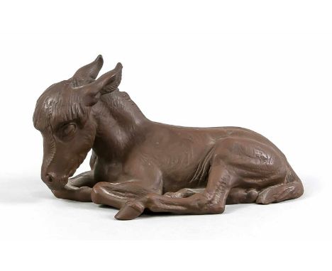Liegendes Esel-Fohlen, Meissen, Boettger Steinzeug, Ende 20. Jh., 1. W.,  Entwurf Erich Oehme (1898-1970), Mod.Nr. R 215, L. 