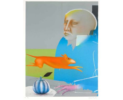 Paul Wunderlich (1927-2010), ''Selbst mit Hase'', Farblithographie, springender orangener Hase und Selbstbildnis, 1998, u. re