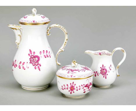 Kaffeekern, 3-tlg.,  Meissen, 1950er Jahre, 2. W., Form neuer Ausschnitt, Dekor Indisch Purprur, leicht, ziervergoldet, Kaffe