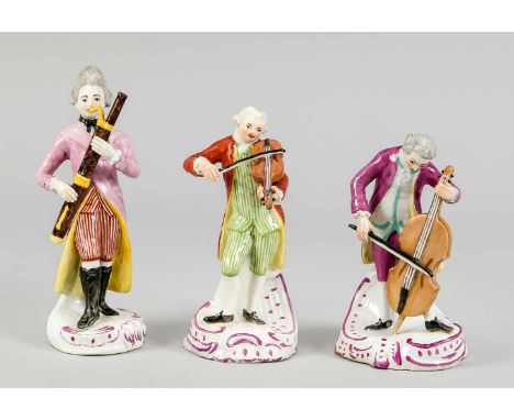 Drei Musikanten, Gotthelf Greiner, Limbach, Thüringen, Marke 1772-1797, Violinenspieler, Cellospieler und Fagottspieler in Ro