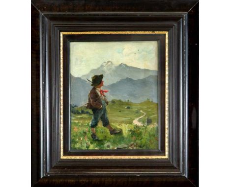Emil Rau (1858-1937), Hirtenjunge vor alpiner Landschaft, Öl auf Holz, u. re. in Rot monogr. E.R., verso alt bez. Emil Rau Mü