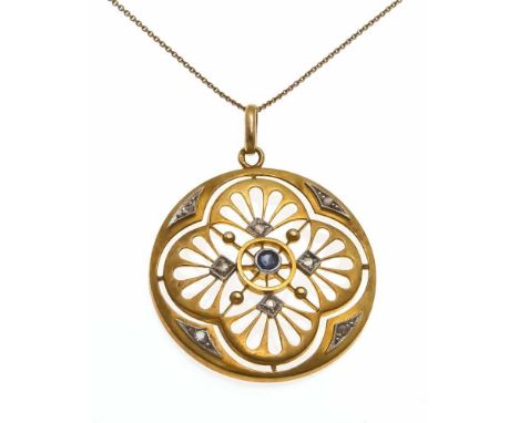 Jugendstil-Anhänger GG 585/000 mit rund fac. Saphir 2,5 mm und Diamantrosen, L. 34 mm, 3,1 g, Kette mit Federring Silber 925/