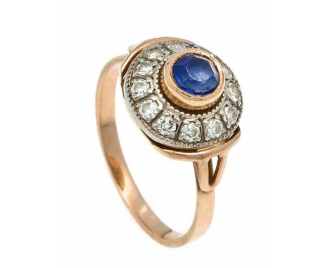 Russischer Edelstein-Diamant-Ring RG 583/000 mit einem rund fac. blauen Edelstein 4,5 mm und 12 Diamanten, zus. 0,36 ct W/SI,