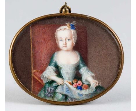 Wiener Miniaturmaler des 18. Jh., querovales Bildnis der Erzherzogin Maria Amalia von Österreich (1746-1804) als Kind mit blu