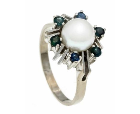 Akoya-Saphir-Ring WG 585/000 mit einer Akoyaperle 7,7 mm und 6 rund fac. Saphiren 2,5 mm, RG 57, 5,7 gAkoya sapphire ring WG 