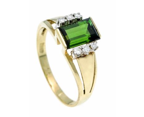 Turmalin-Diamant-Ring GG 585/000 mit einem im Baguetteschliff fac. Turmalin 8,5 x 6 mm in sehr guter Farbe (l. berieben) und 