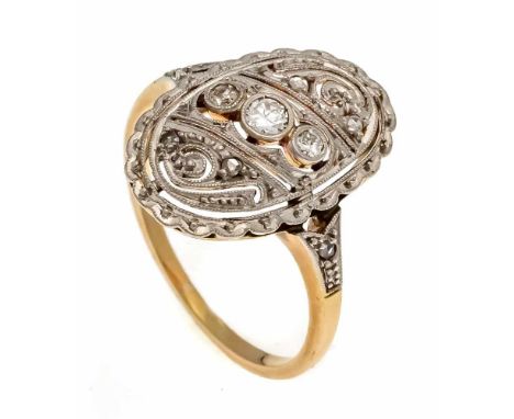 Art Déco Altschliff-Diamant-Ring GG/WG 585/000 mit 3 Altschliff-Diamanten, zus. 0,05 ct W/SI und Diamantrosen, RG 52, 2,8 gAr