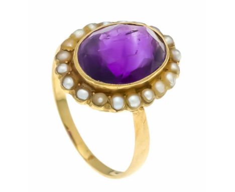 Amethyst-Orientperlen-Ring GG 585/000 mit einem oval fac. Amethyst 12,5 x 9 mm undOrientperlen 2 mm, RG 54, 3,2 gAmethyst ori