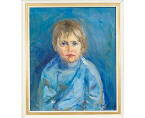 Roland Ladwig (1935-2014), dt. Maler im Stil des Expressionismus, stud. u.a. bei Kokoschka, Portrait eines Jungen vor blauem 