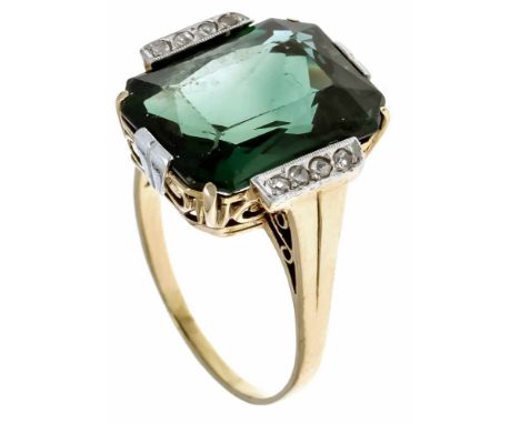 Art Déco Ring GG/WG 585/000 mit einem grünen synth. Spinell 16,8 x 12,8 mm und Diamantrosen, RG 60, 8,4 gArt Déco ring GG / W