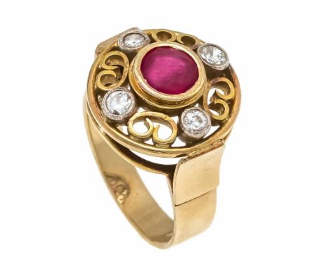 Rubin-Altschliff-Diamant-Ring GG 585/000 mit einem rund fac. Rubin 6,5 mm und 4 Altschliff-Diamanten, zus. 0,24 ct W/SI-PI, R