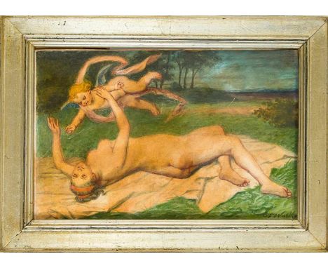 F. Wacker, 1. H. 20. Jh., mit einem Putto spielende Nackte auf einer Waldlichtung, Öl auf Karton, u. re. sign., 21 x 33 cm, g