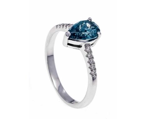 Brillant-Ring WG 585/000 mit einem tropfenförmig fac. Diamanten 1,21 ct fancyoceanblue/PI und 10 Brillanten, zus. 0,08 ct l.g