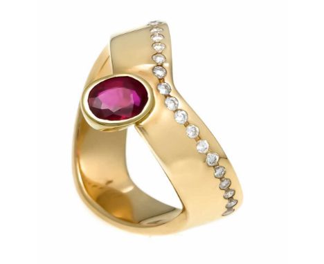 Rubin-Brillant-Ring 750/000 mit einem oval fac. Rubin 6,2 x 5,0 mm in guter Farbe und Reinheit, sowie 21 Brillanten, zus. 0,4