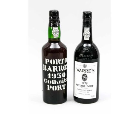 2 Flaschen Portwein: 1 x Porto Barros 1950 (Abgefüllt im Jahr 1979), 750 ML. 1 x Warre's 1975 vintage Port (Abgefüllt im Jahr
