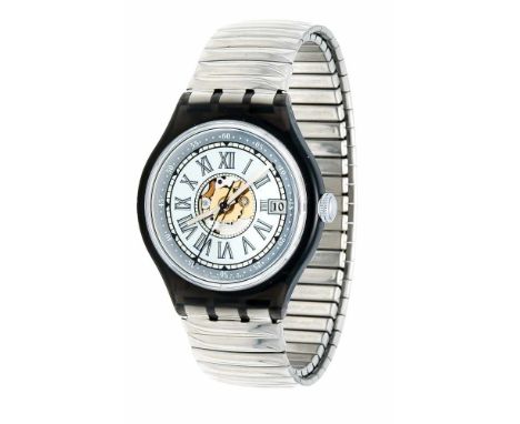 Swatch Automatikuhr, ETA Kal. 2842, Zifferblatt mit röm. Ziffern, Durchmesser 37mm, Höhe über Plexiglas 11mm, Plexiglasboden,