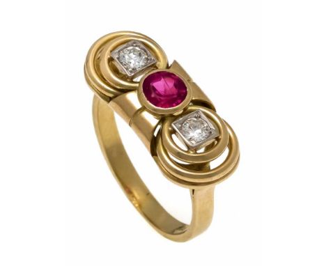 Art Déco Rubin-Altschliff-Diamant-Ring GG 585/000 mit einem rund fac. Rubin 5,0 mm und 2 Altschliff-Diamanten, zus. 0,34 ct W