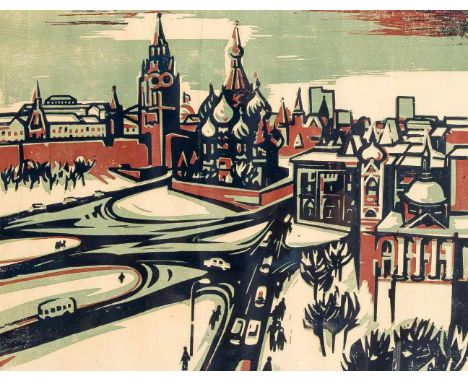 Unidentifizierter Künstler Mitte 20. Jh., zwei Farblinolschnitte mit russischen Motiven (Kreml und Kirche), ein Blatt u. re. 