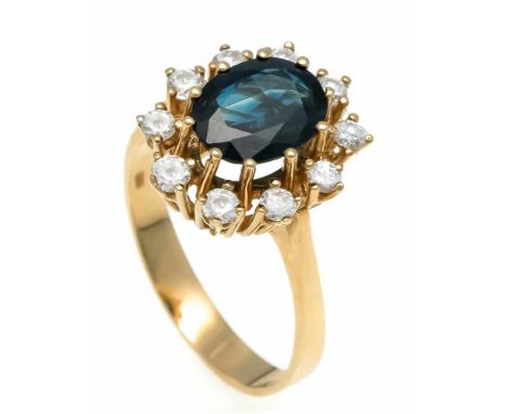 Saphir-Brillant-Ring GG 585/000 mit einem oval fac. Saphir 9 x 7 mm und 10 Brillanten, zus. 0,40 ct TW/VS, RG 54, 3,9 gSapphi