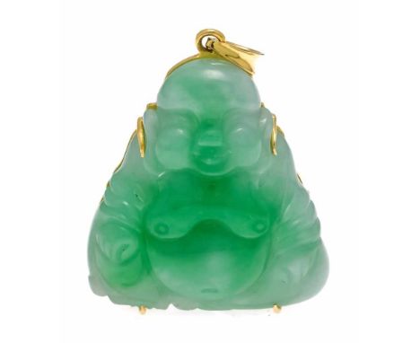 Jade-Anhänger GG 750/000 mit einem feingeschliffenen Jade-Buddha 30 x 27 mm, L. 39 mm, 12,8 gJade pendant GG 750/000 with a f