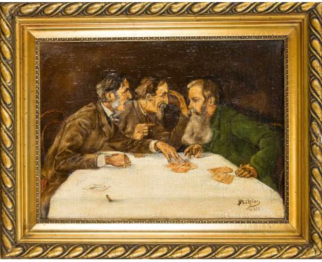 H. Köhler, Genremaler um 1920, drei Männer geraten beim Kartenspiel in einen Streit, Öl auf Lwd., u. re. sign. u. dat. 1919, 