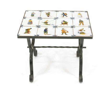 Fliesentisch, 20. Jh., polychrome Fliesen mit versch. Darstellungen, 46 x 41 x 54 cmTile table, 20th c., polychrome tiles wit