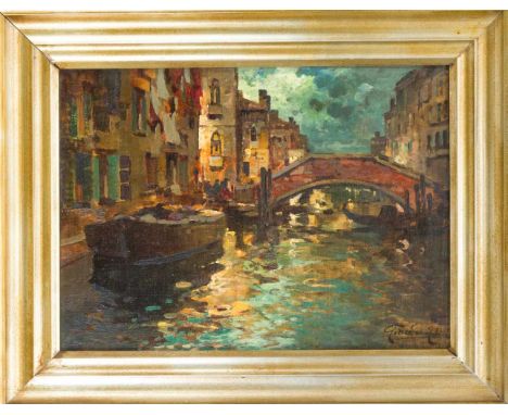 Felice Giordano (1880-1964), Blick in einen venezianischen Kanal mit Brücke, Öl/Lwd., u. re. sign. Giordano Felice, verso rec