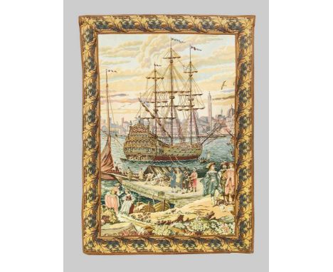 Historismus-Tapisserie, 20. Jh. Vielfigurige Hafenszene mit großen Segelschiffen. Bordüre mit Akanthusranke. Leicht ber., ca.