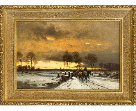Louis Douzette (1834-1924) (attrib.), weite Winterlandschaft im Abendlicht mit Pferdegespann im Vordergrund, Öl auf Lwd., u. 