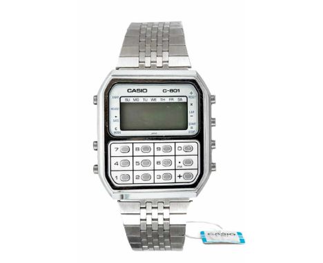 CASIO Herrenquarzuhr mit Taschenrechner Mod. C-801, NOS, Time, Seconds, Chrono, Calculator, Light, Date, Day/Month/Year, 24h/