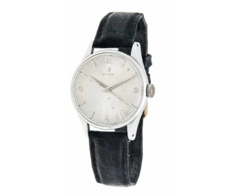 Omega Herrenuhr Handaufzug Kal. 283, Mod. 2810-1SC, läuft, Stahlgehäuse, versilbertes Zifferblatt mit Stundenindizies und ara