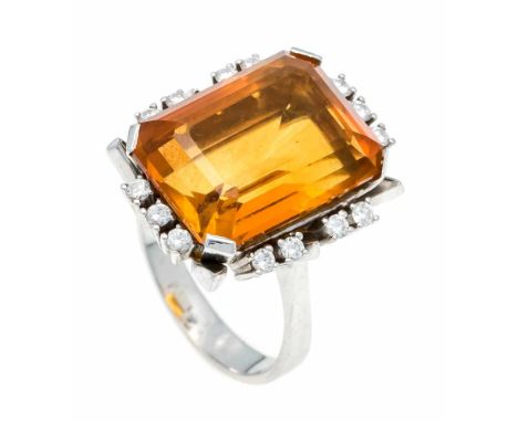 Citrin-Brillant-Ring WG 585/000 mit einem im Smaragdschliff fac. Citrin 17,8 x 12,9 x 8,4 mm und 14 Brillanten, zus. 0,28 ct 