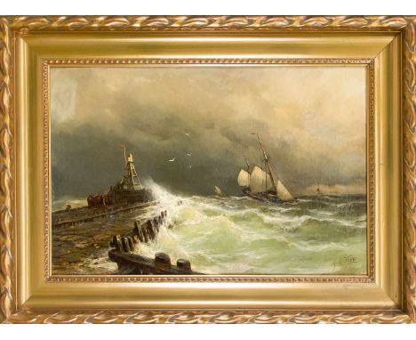 George Laurens Kiers (1838-1916), niederländischer Marinemaler. Schiffe im Sturm vor einer Hafenmole mit Leuchtturm. Öl auf L