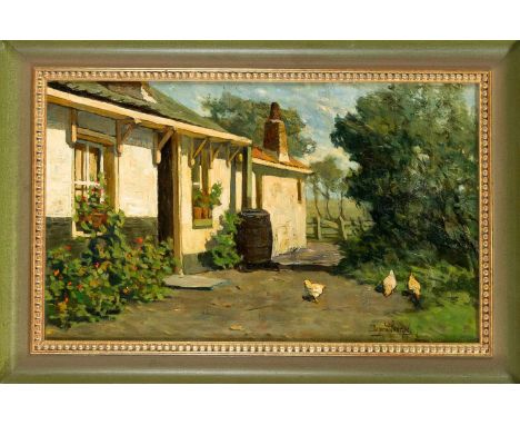 Bernard Schregel (1870-1956), holländischer Maler aus den Haag. Hofidyll mit Hühnern, Öl auf Lwd., u. re. sign., 30 x 50 cm, 