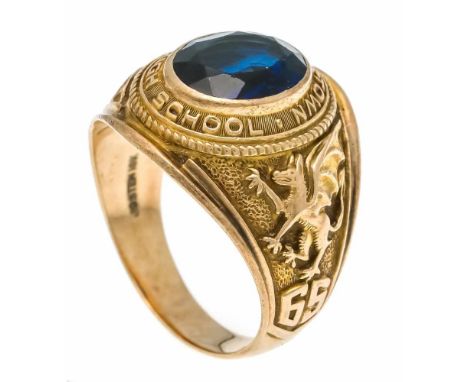 College-Ring GG 417/000 (10 Kt) Highschool Chestertown 1965, mit einem oval fac. synth. Saphir, best., punziert Josten, RG 60
