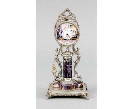 Tischuhr sign. Girardier Laines wohl Anfg. 18.Jh., 800 Silber gestempelt, Sfeine Ausführung mit Amethystelementen im Sockelau