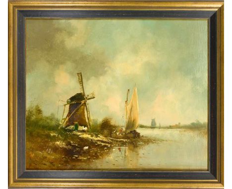 B. van Vliet (1908-?), holländischer Maler, Fischer auf einem Kanal und Windmühle, Öl auf Holztafel, unsign., verso auf Etike